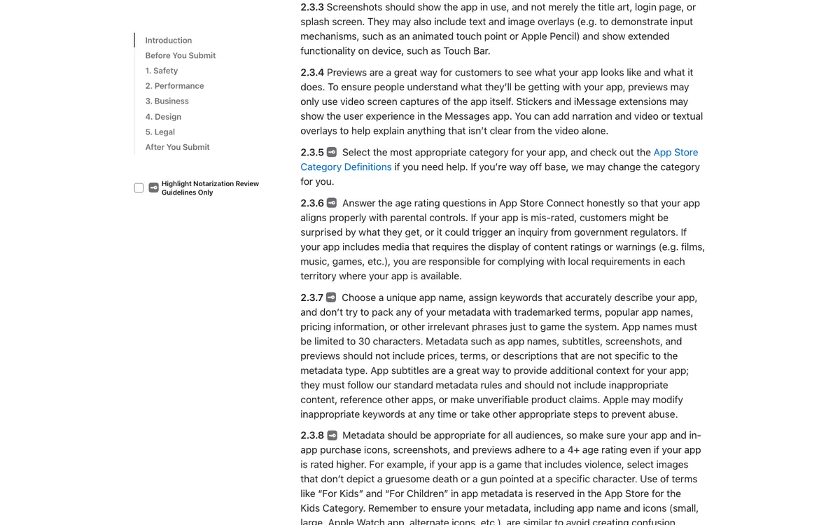 Apple App Review Guidelines, section 2.3 on screenshots, previews and metadata