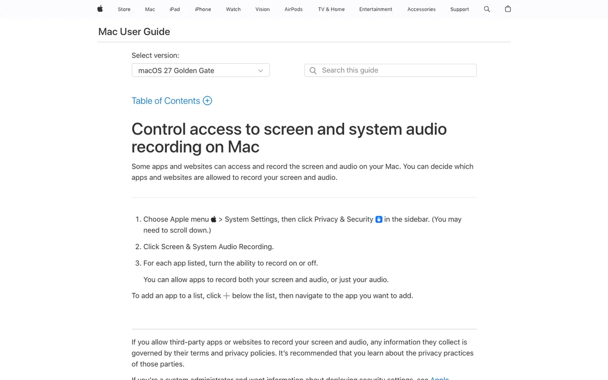 Apple's Mac User Guide: Control access to screen and system audio recording on Mac