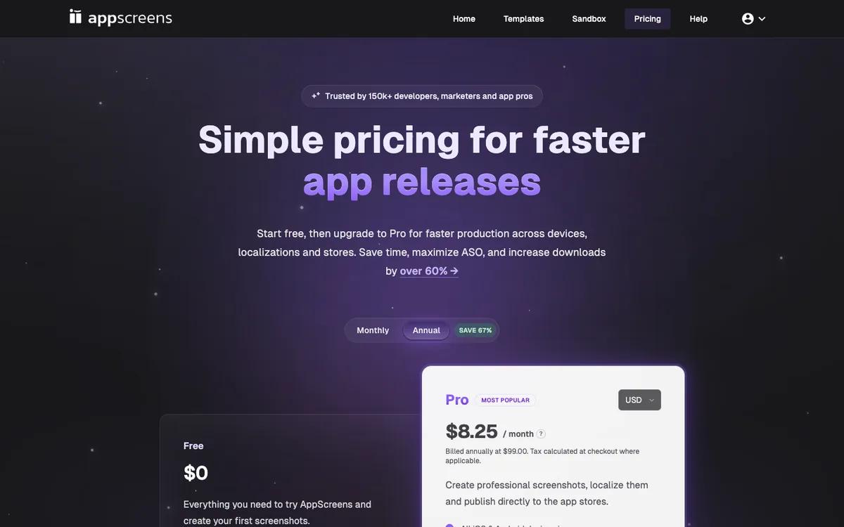 AppScreens pricing: Free, and Pro at $8.25 a month billed annually at $99