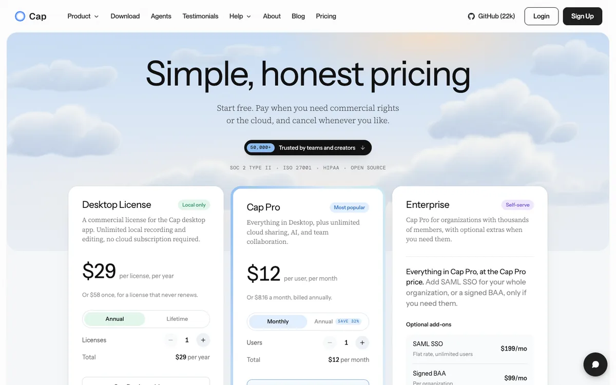 Cap pricing: Desktop License $29 a year, Cap Pro $12 per user a month