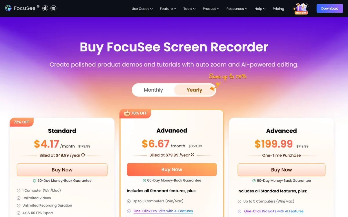 FocuSee pricing: Standard $49.99 a year, Advanced $79.99 a year, Advanced Lifetime $199.99