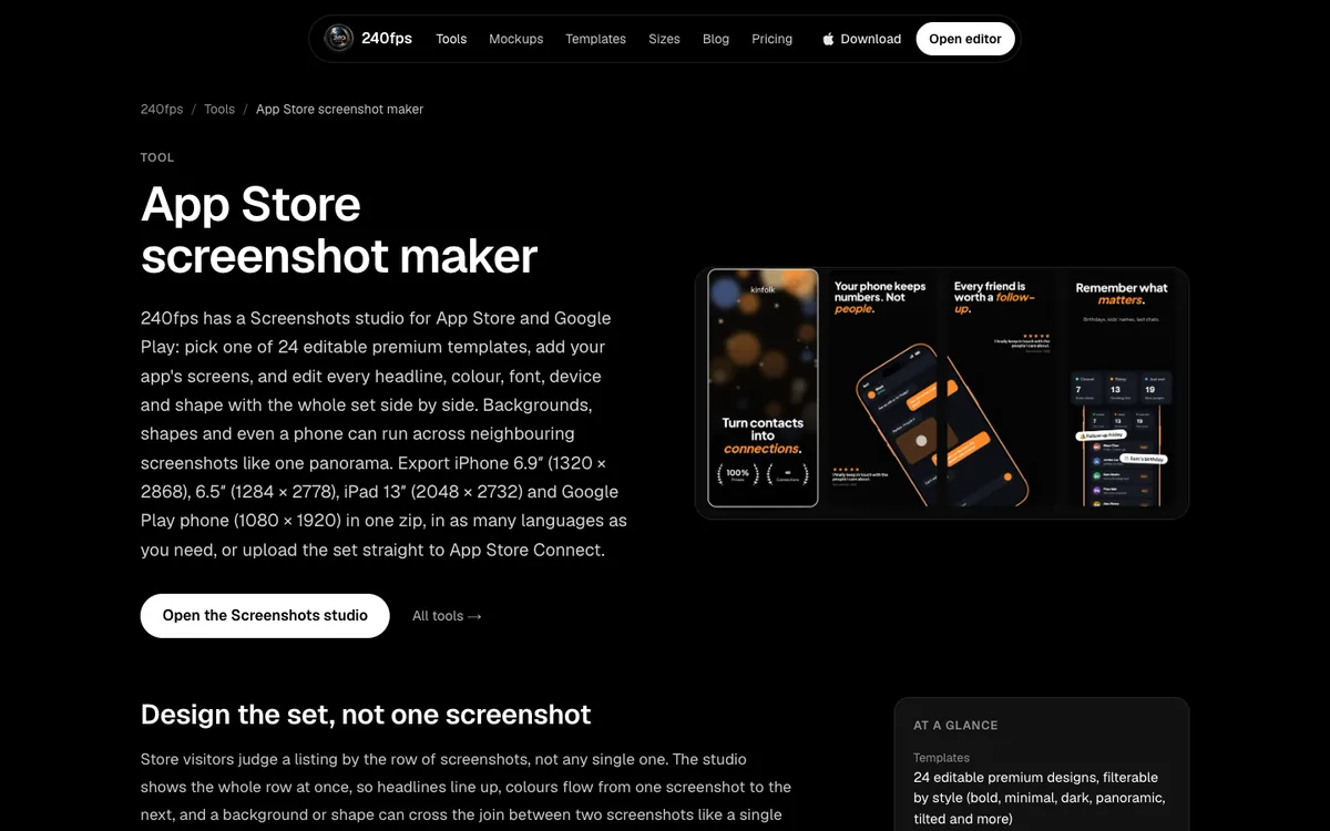 240fps App Store screenshot maker: templates, every size, every language