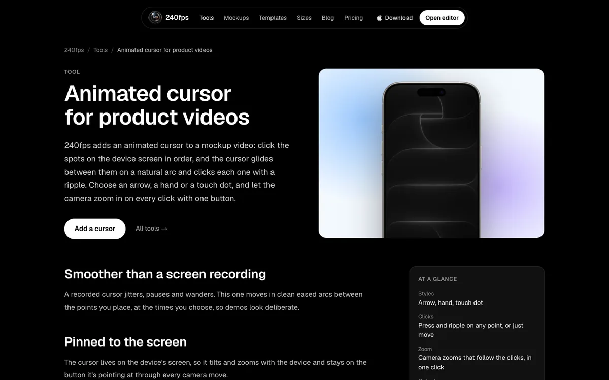 240fps animated cursor for product videos: arrow, hand or touch dot, with click ripples