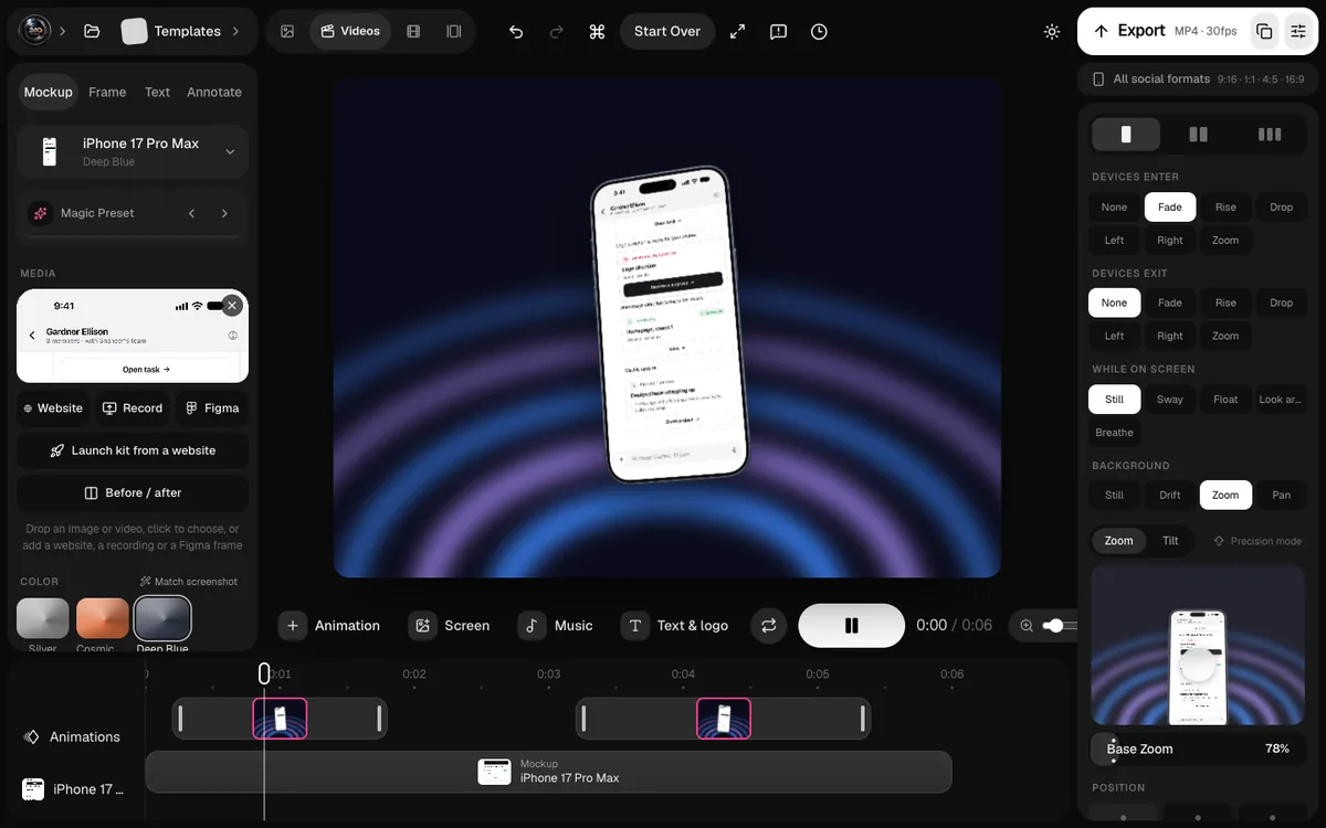 The 240fps editor with a phone mockup, a launch template and the animation timeline