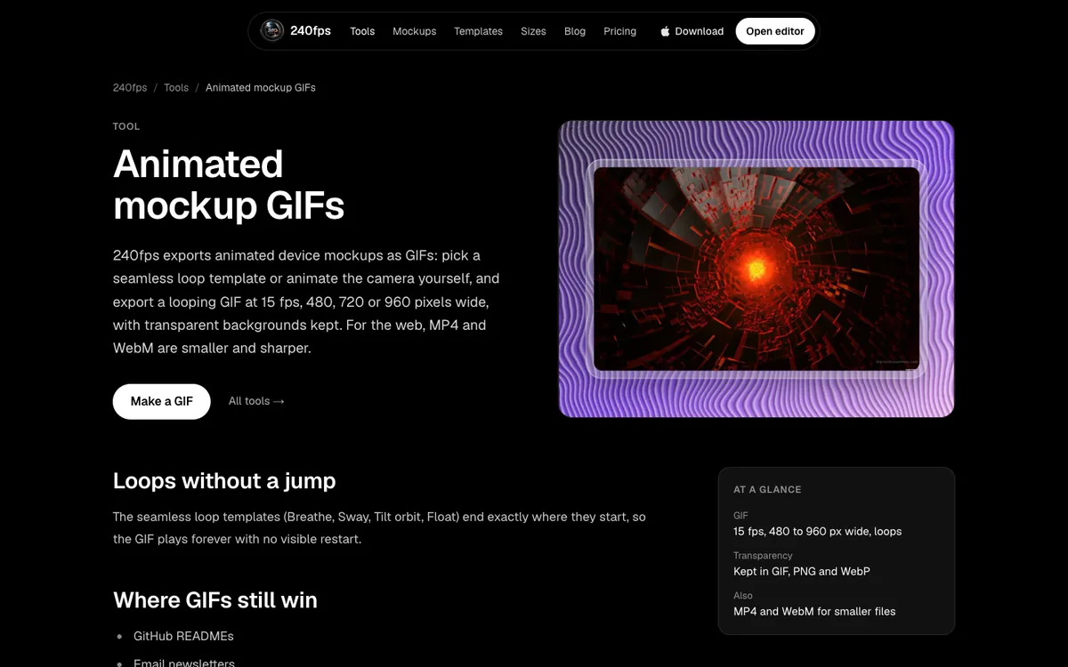 240fps animated mockup GIFs: loops without a jump, 15 fps, 480 to 960 pixels wide
