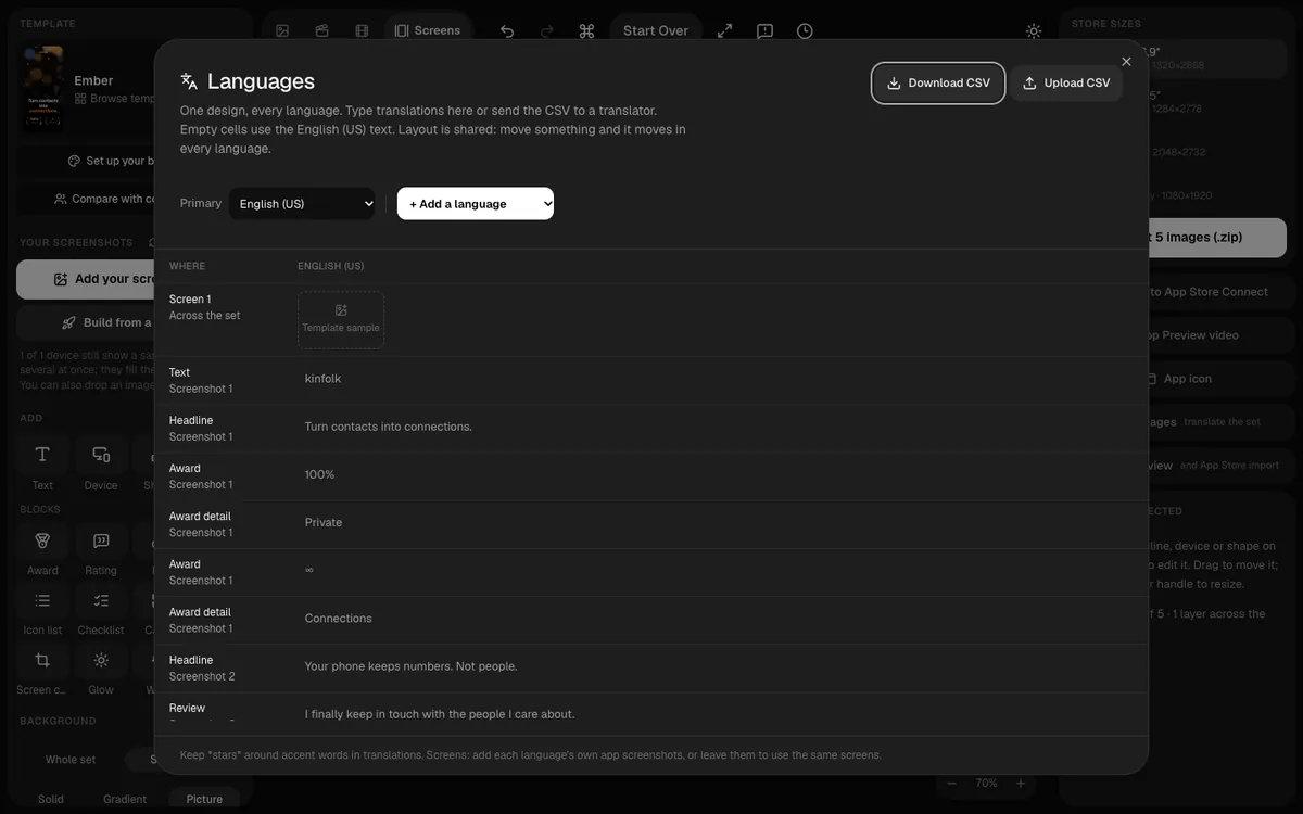 The 240fps Languages panel: one design, every language, with CSV download and upload