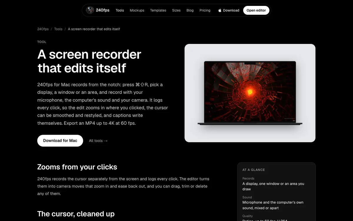 240fps screen recorder page: a screen recorder that edits itself