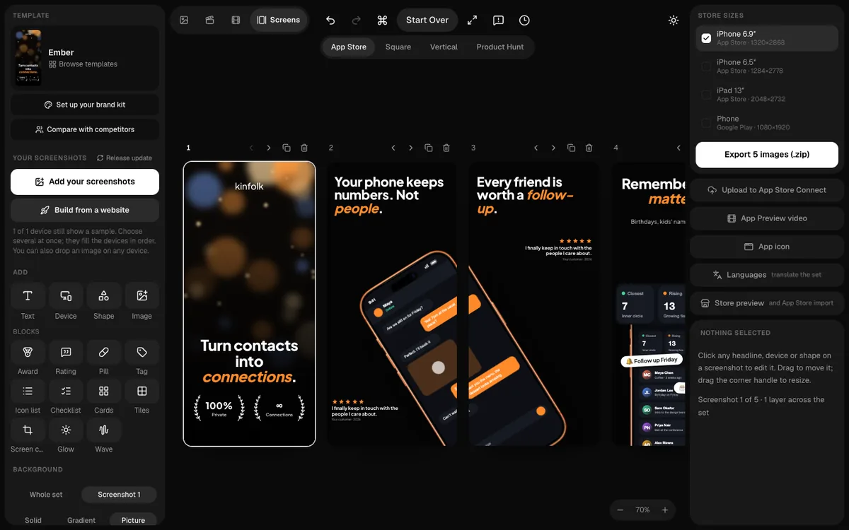 The 240fps Screenshots studio: a five-screenshot set side by side with store sizes and Upload to App Store Connect