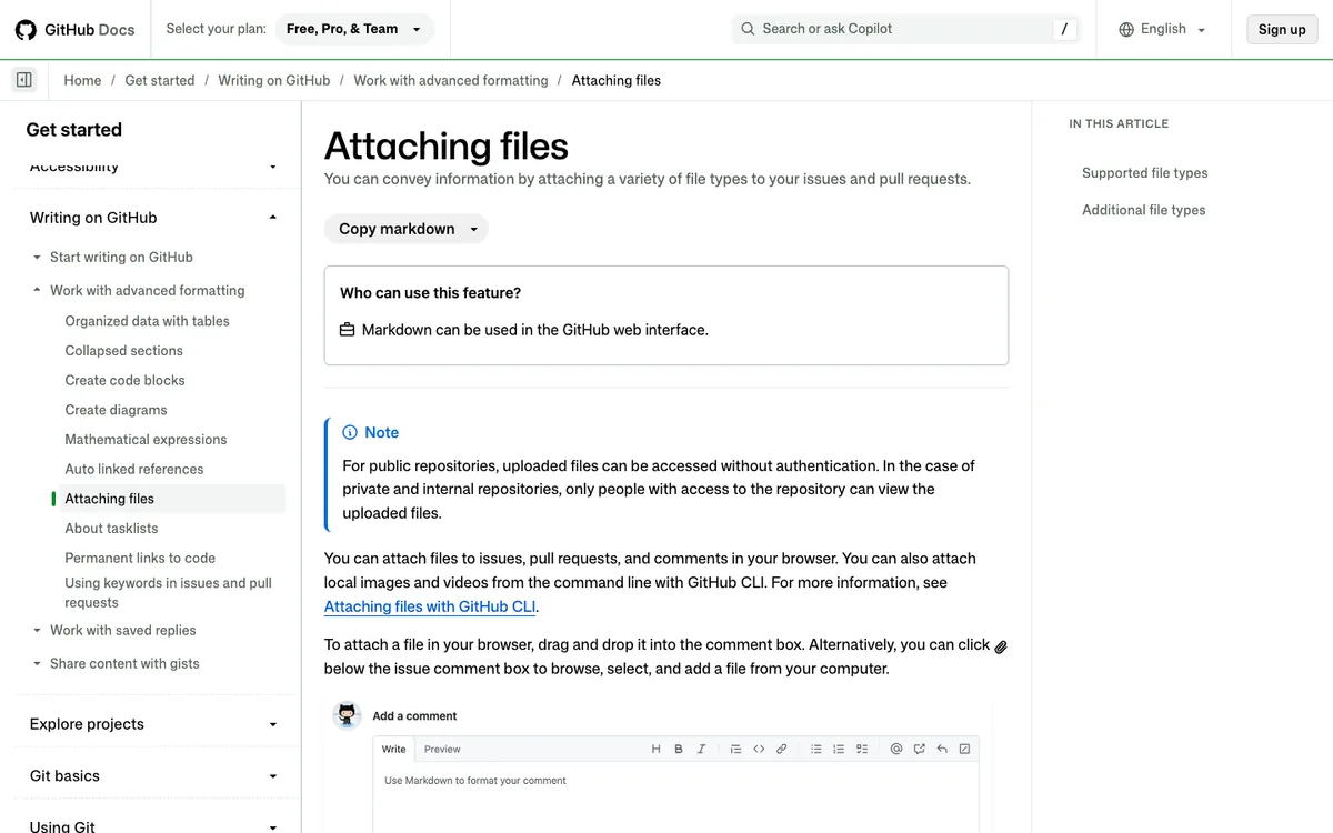 GitHub Docs: Attaching files