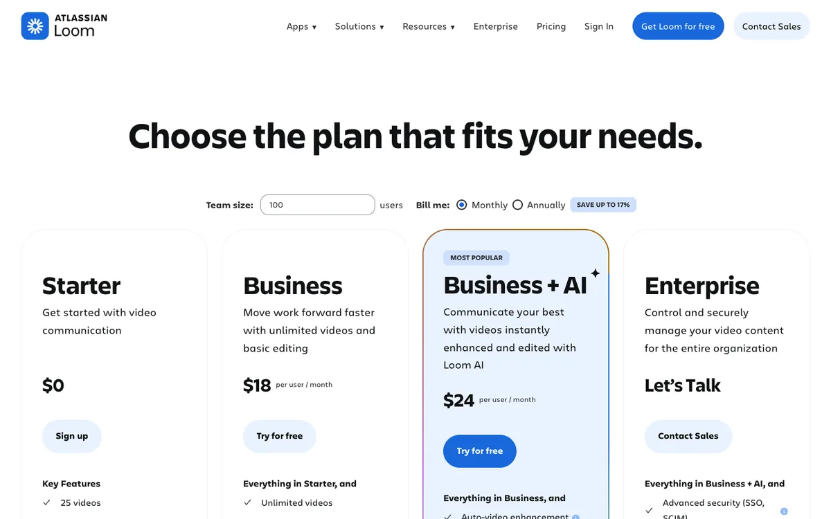 Loom pricing: Starter free, Business $18, Business plus AI $24 per user a month