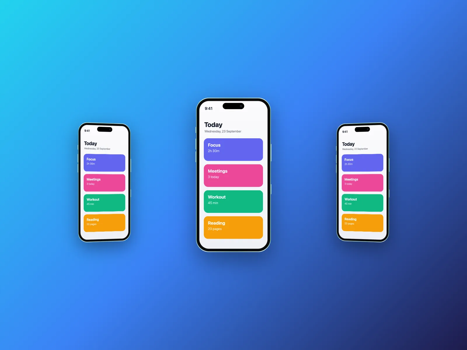Three iPhone 16 mockups fanned out on a blue gradient