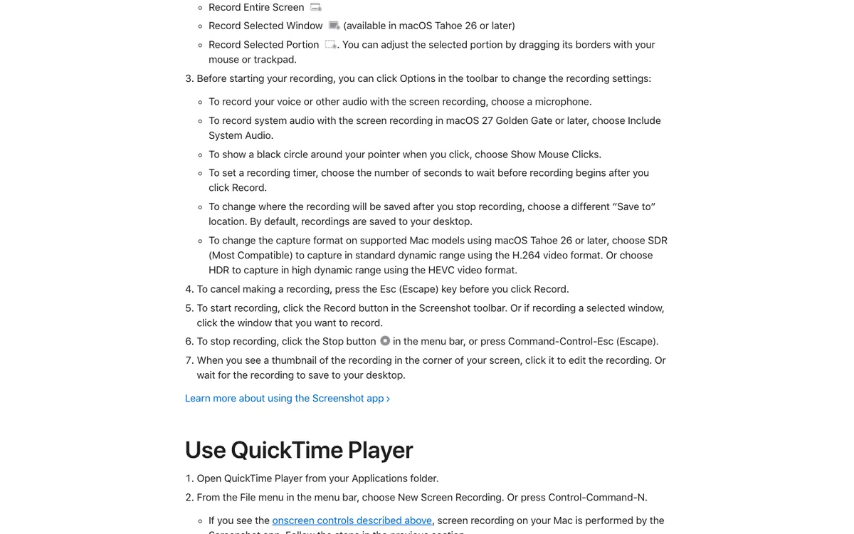 Apple Support article listing the Screenshot app's recording options, including Include System Audio in macOS 27 Golden Gate or later