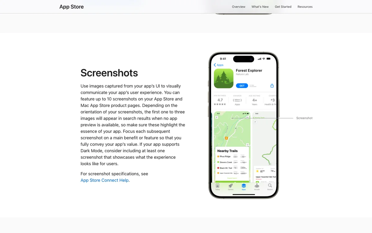 Apple's product page guidance: up to 10 screenshots, the first one to three appear in search results