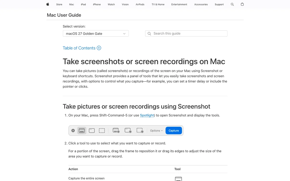 Apple's Mac User Guide: Take screenshots or screen recordings on Mac