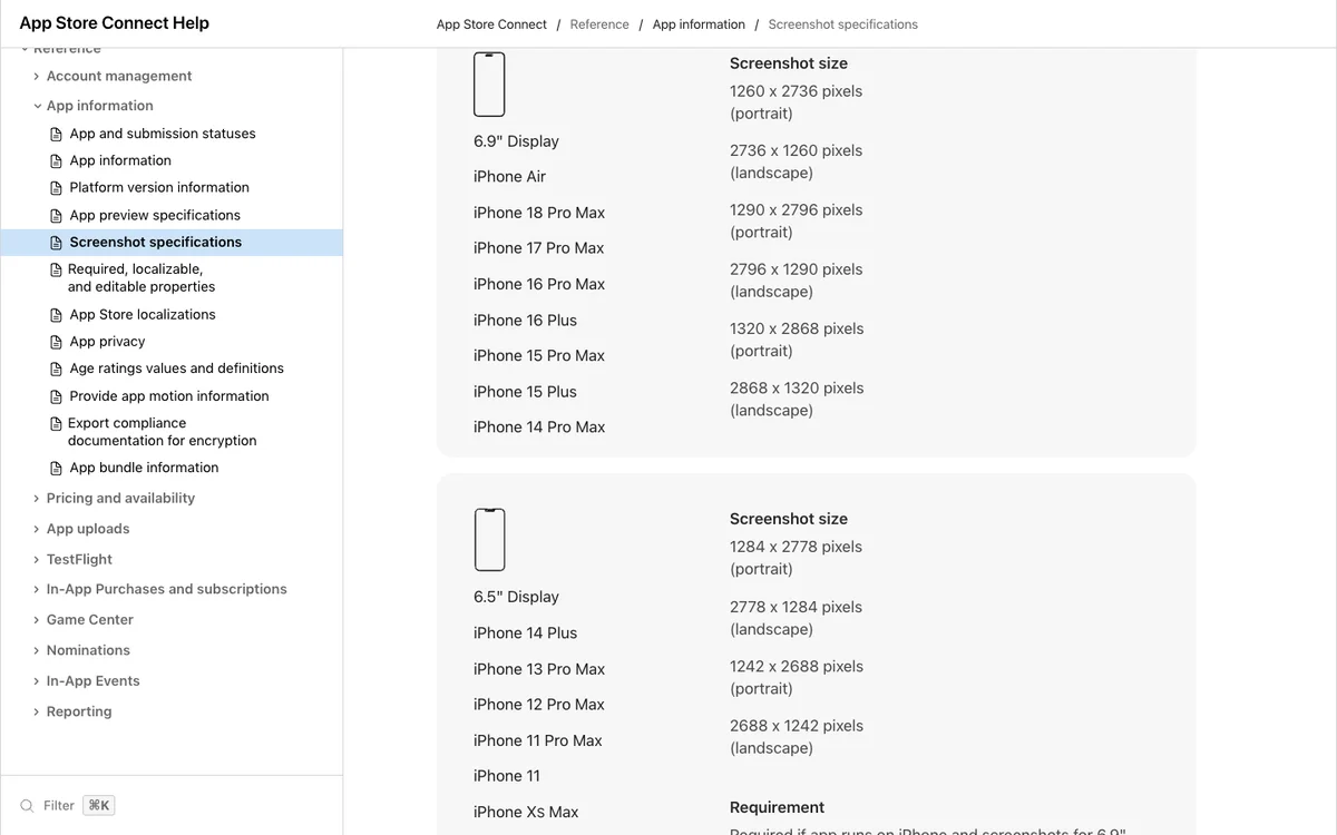 Apple's screenshot specifications listing the 6.9-inch display, devices including iPhone 17 Pro Max, and its accepted sizes