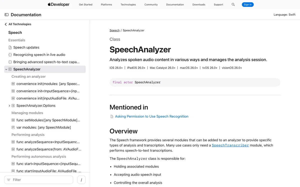 Apple developer documentation for SpeechAnalyzer, available in macOS 26.0 and later