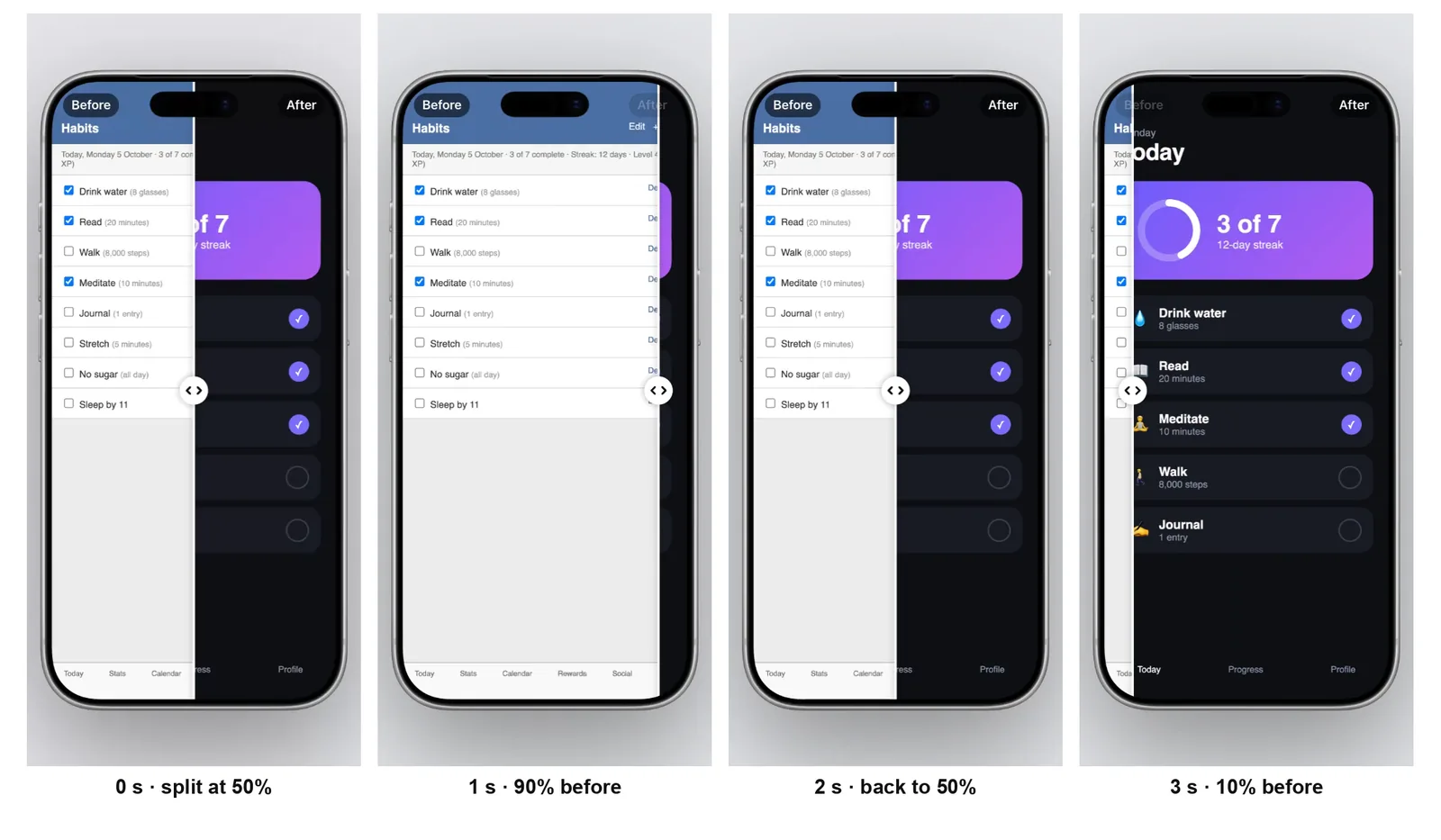 Four frames from the exported video: at 0 seconds the split is at 50%, at 1 second 90% of the screen shows the old design, at 2 seconds the split is back at 50%, and at 3 seconds only 10% shows the old design