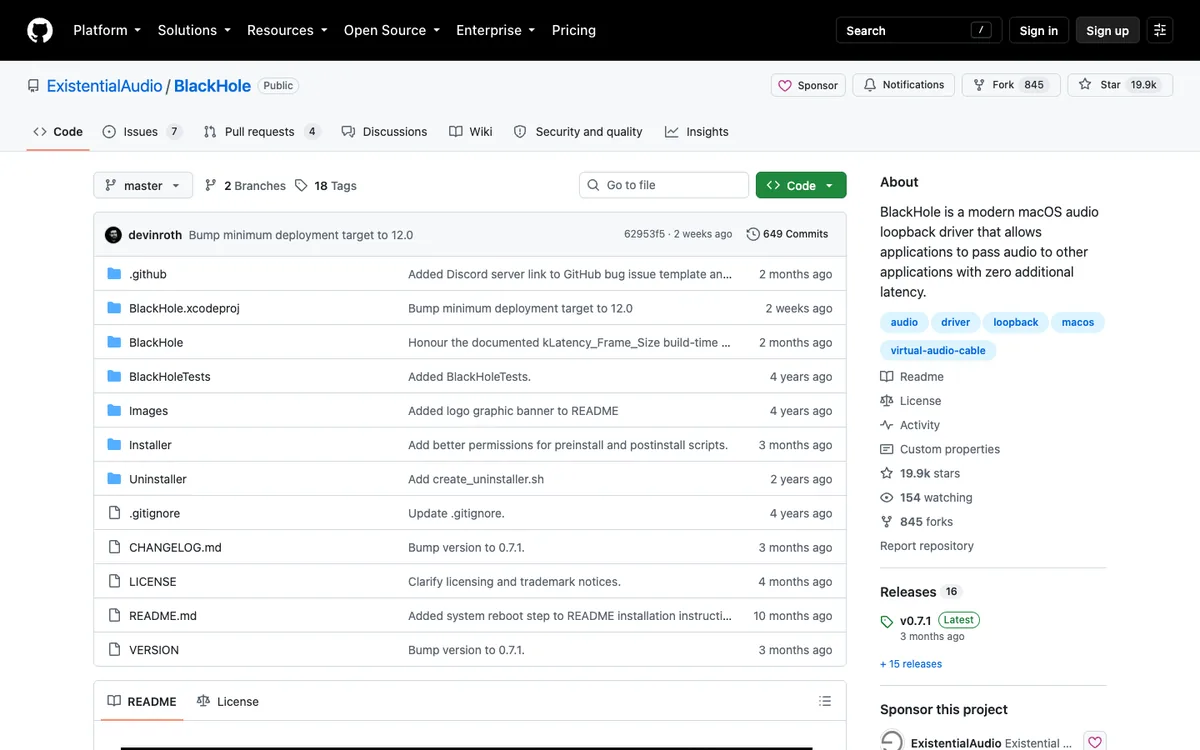 BlackHole on GitHub: a modern macOS virtual audio loopback driver