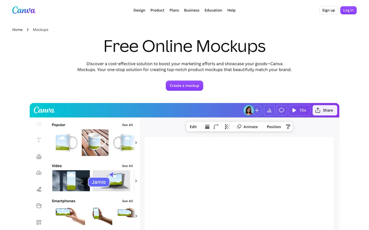 Canva Mockups page: free online mockups for websites, phones, books and T-shirts