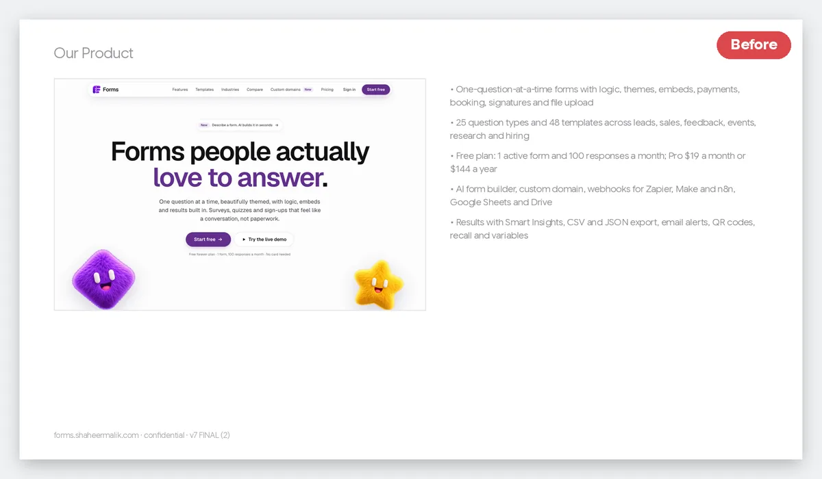 A bad product slide: a shrunk full-page screenshot, a vague title and five long grey bullet points