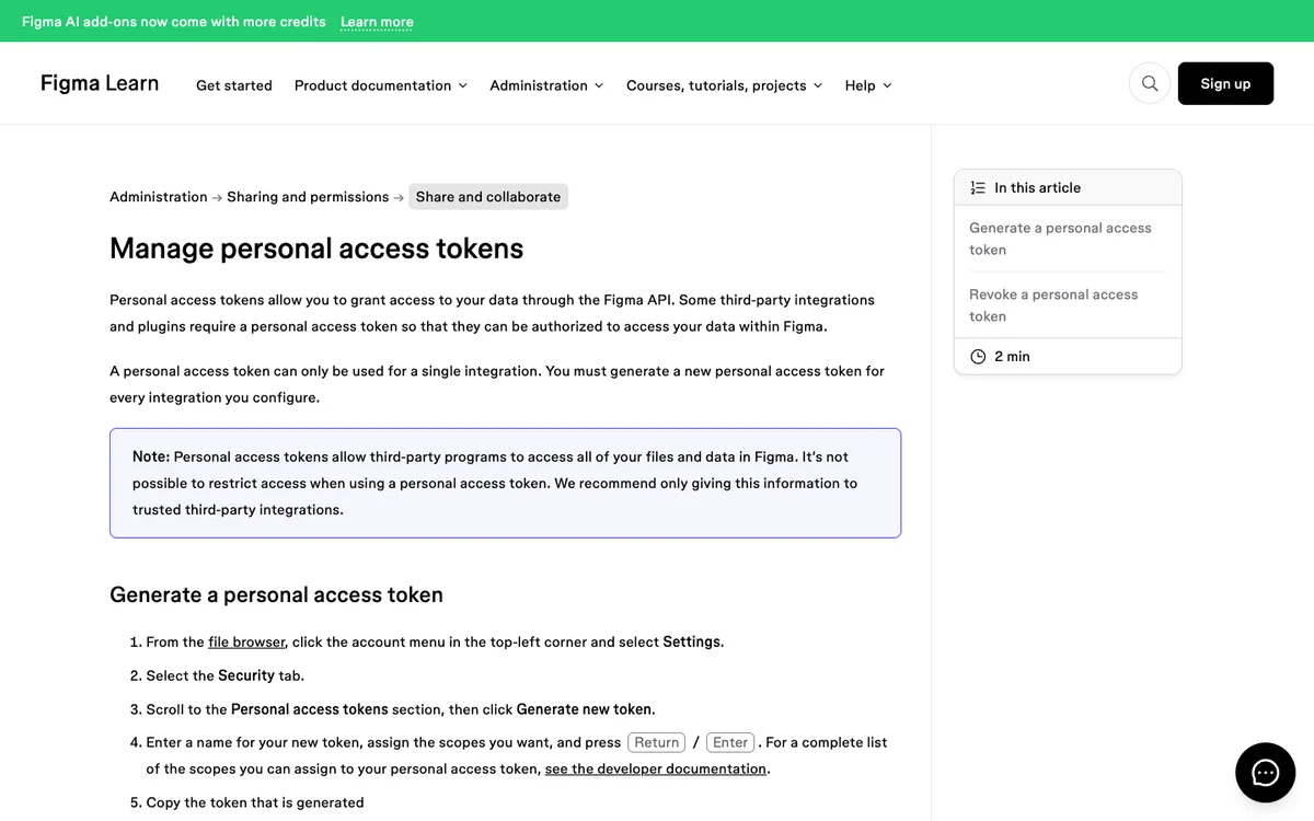 Figma Learn: Manage personal access tokens