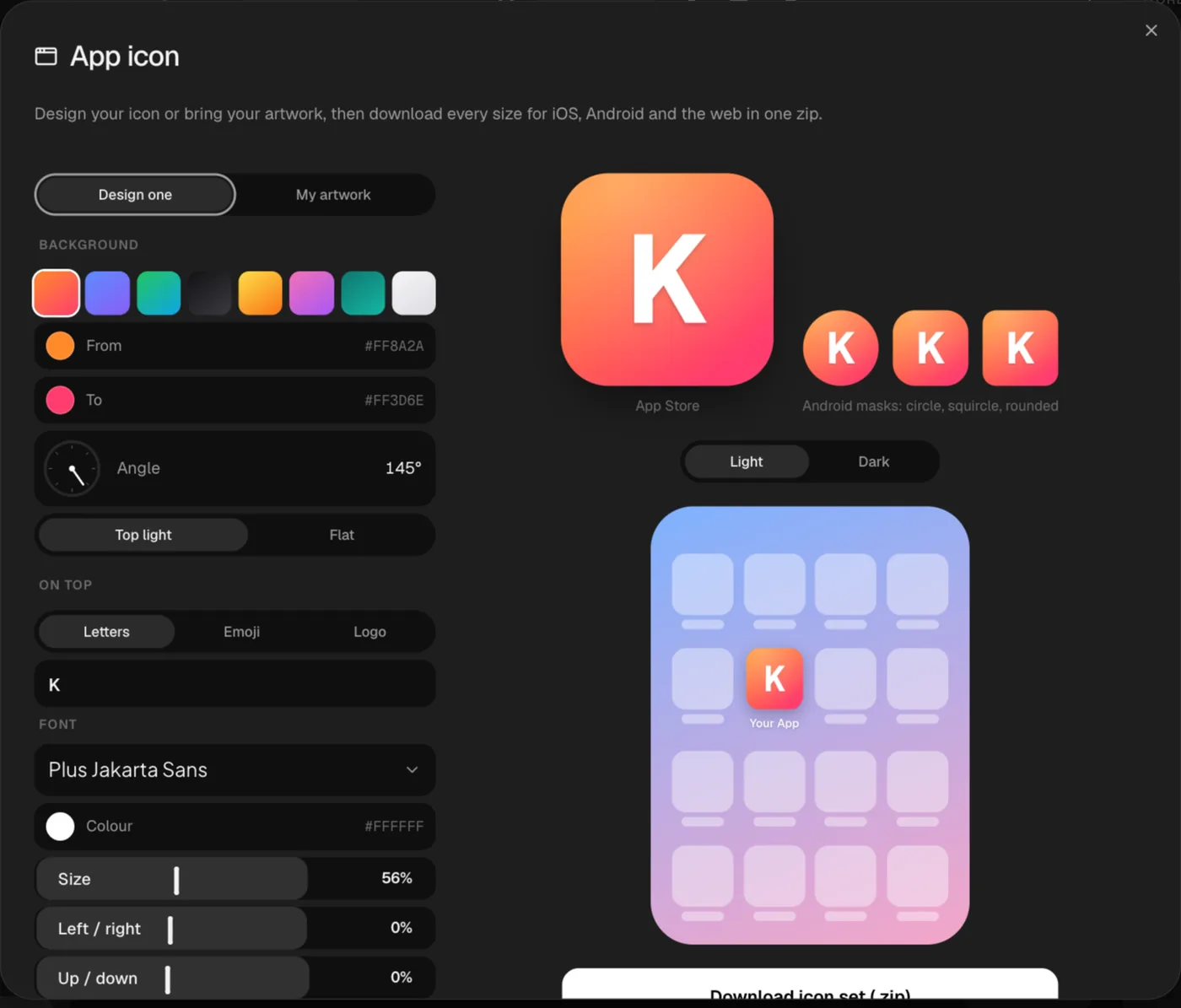 The 240fps App icon maker: a gradient background with the letter K, a preview of the App Store icon and three Android mask shapes, and a Home Screen preview