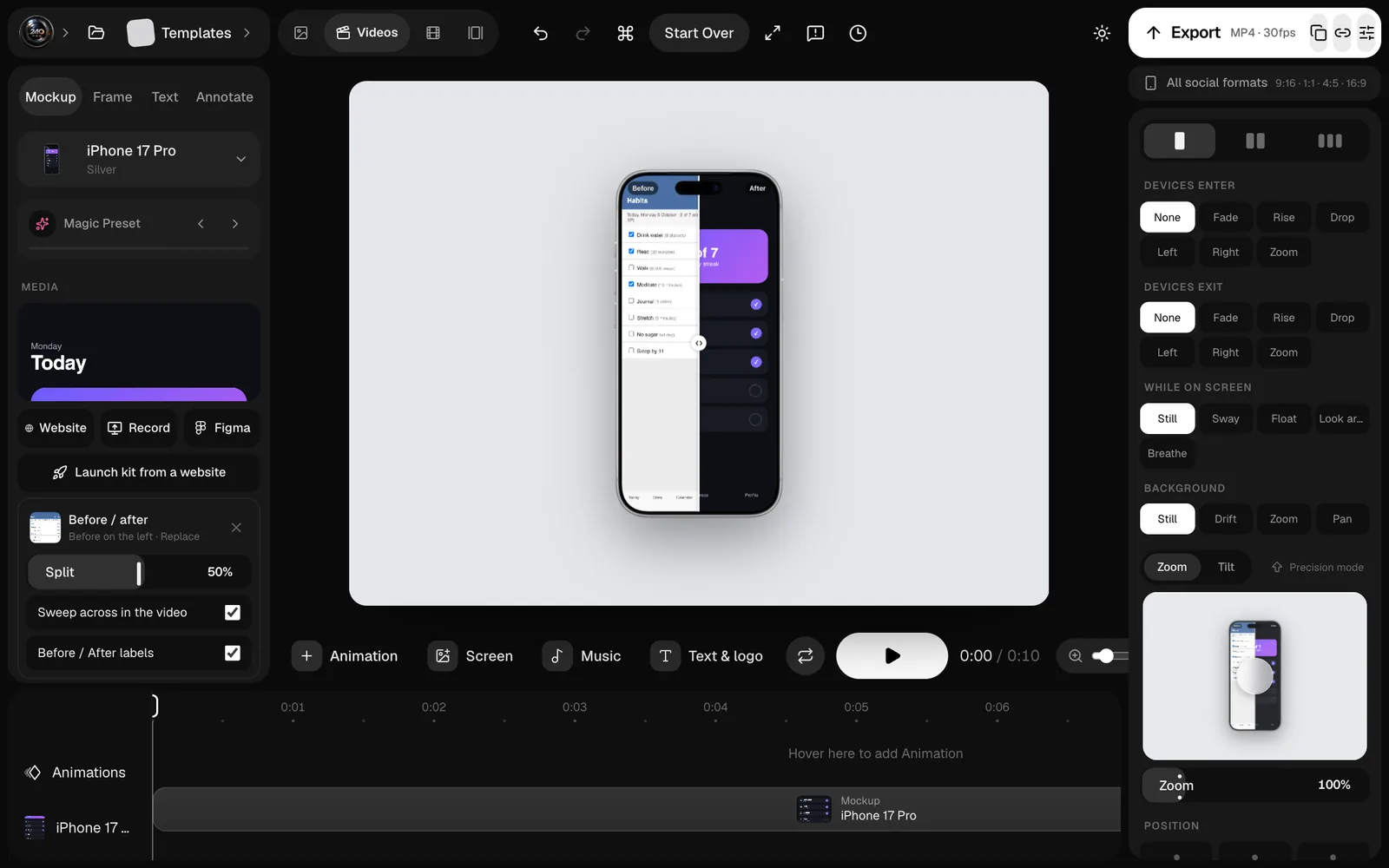 The 240fps editor with an iPhone showing the habit tracker split down the middle, and the Before / after panel open on the left with Split at 50%, Sweep across in the video and Before / After labels both on