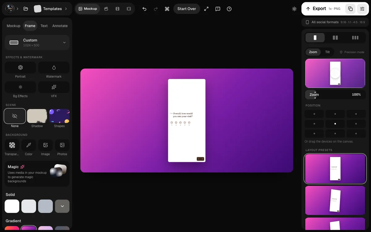 The 240fps editor with a custom 1024 × 500 frame, a gradient background, and an app screen with no device frame