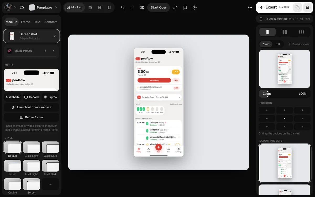 A phone screen dropped into the 240fps mockup editor, with styles and layout presets around it