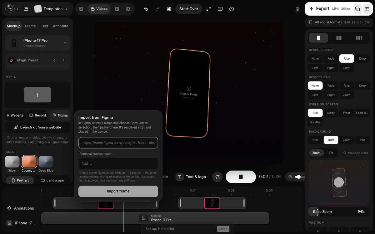 The 240fps Import from Figma dialog with fields for the frame link and the personal access token