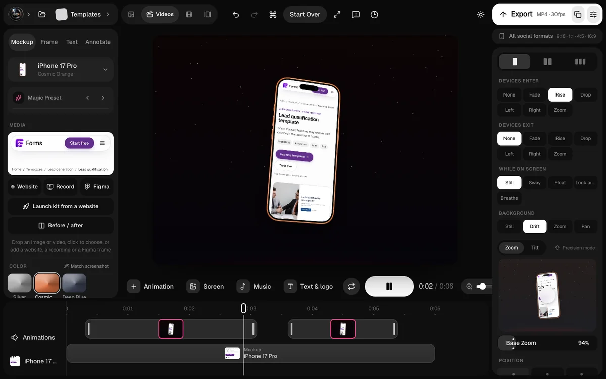 The 240fps editor with a launch template and the Forms website in an iPhone mockup; the export panel shows all social formats 9:16, 1:1, 4:5 and 16:9