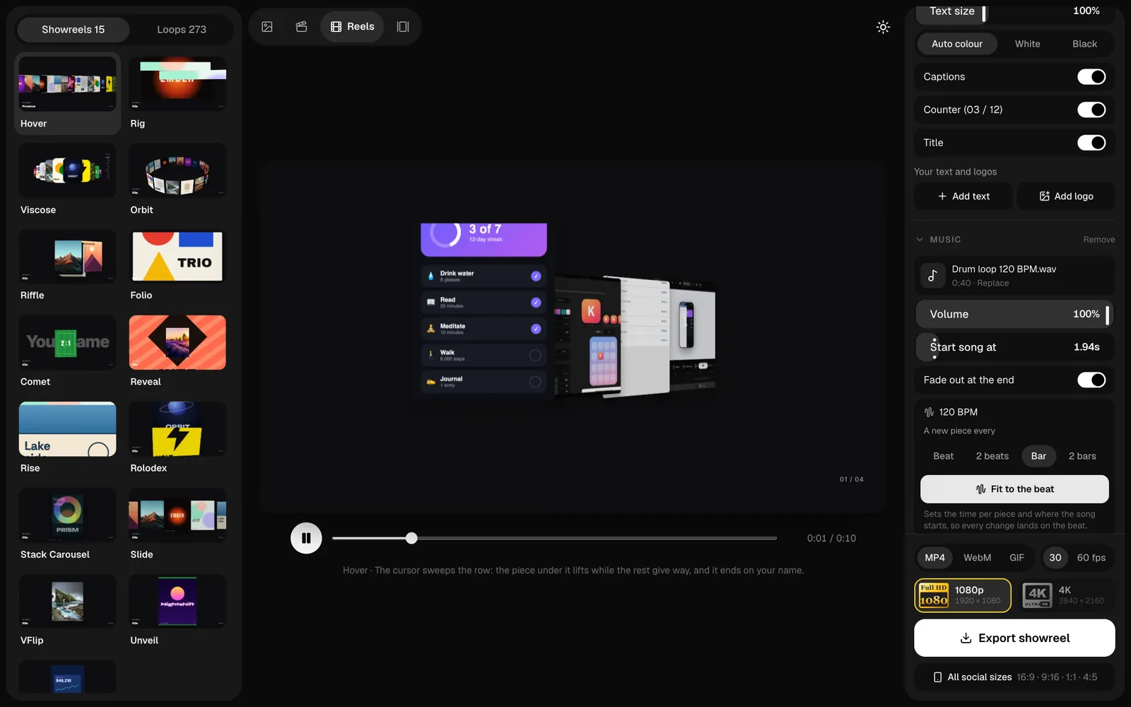 The 240fps Reels editor with the Hover showreel and four pieces of work, and the Music section showing a drum loop at 120 BPM, Start song at 1.94 seconds, "A new piece every Bar" and the Fit to the beat button