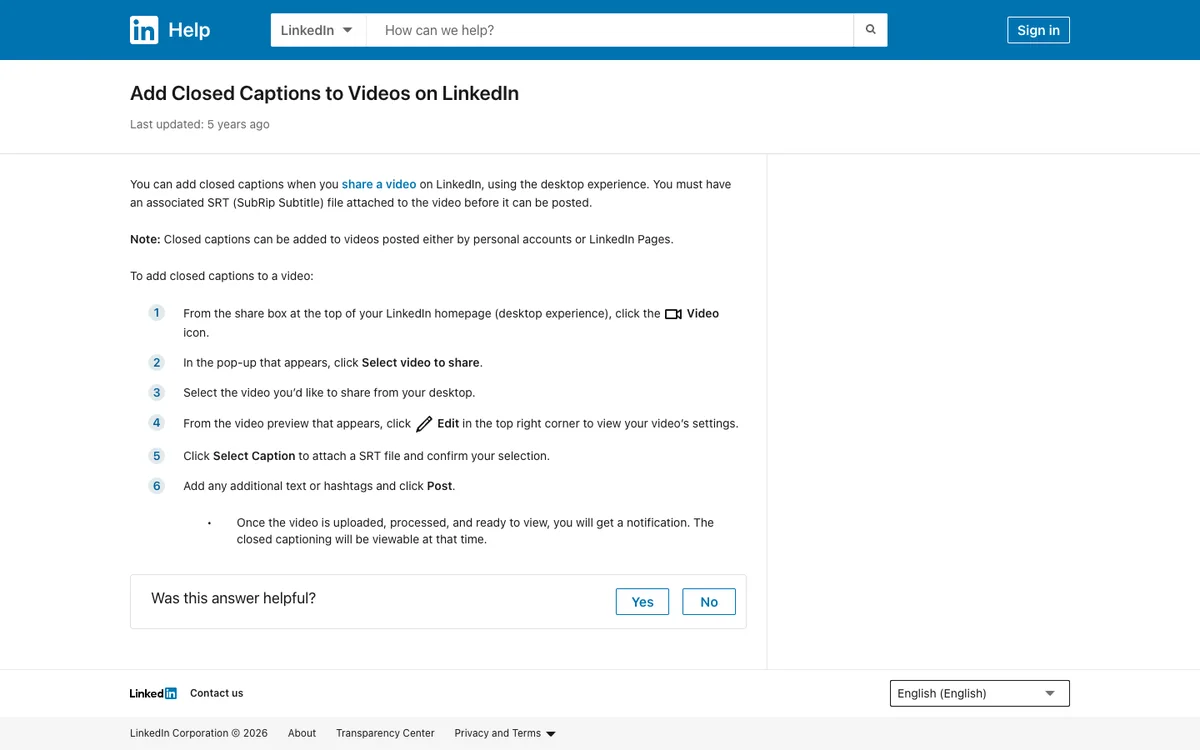 LinkedIn Help: Add Closed Captions to Videos on LinkedIn