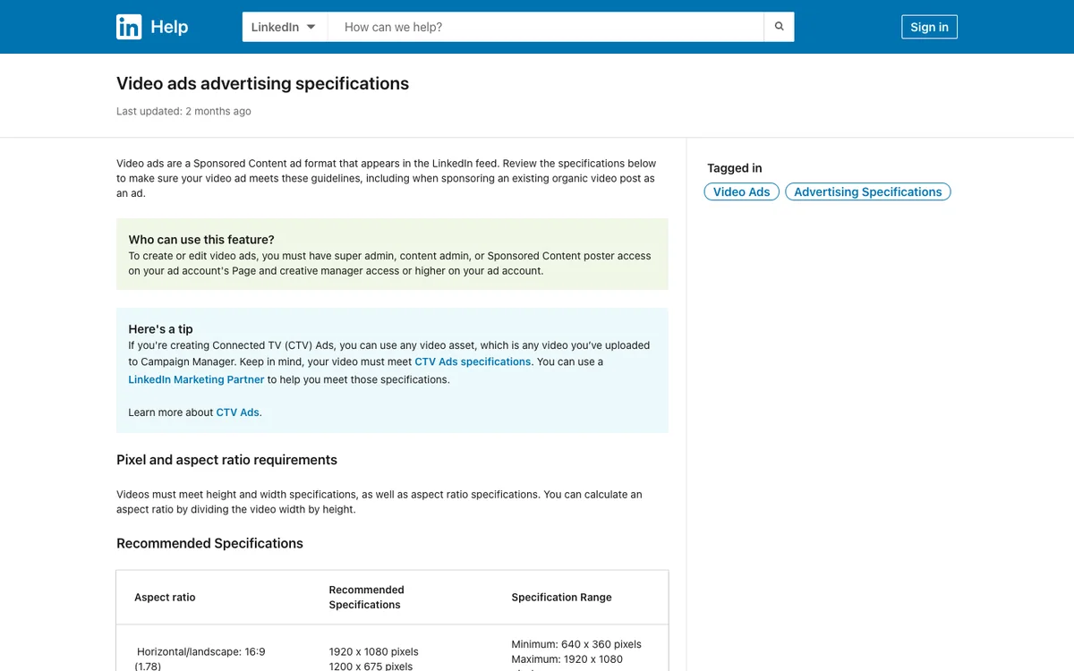 LinkedIn Help: Video ads advertising specifications