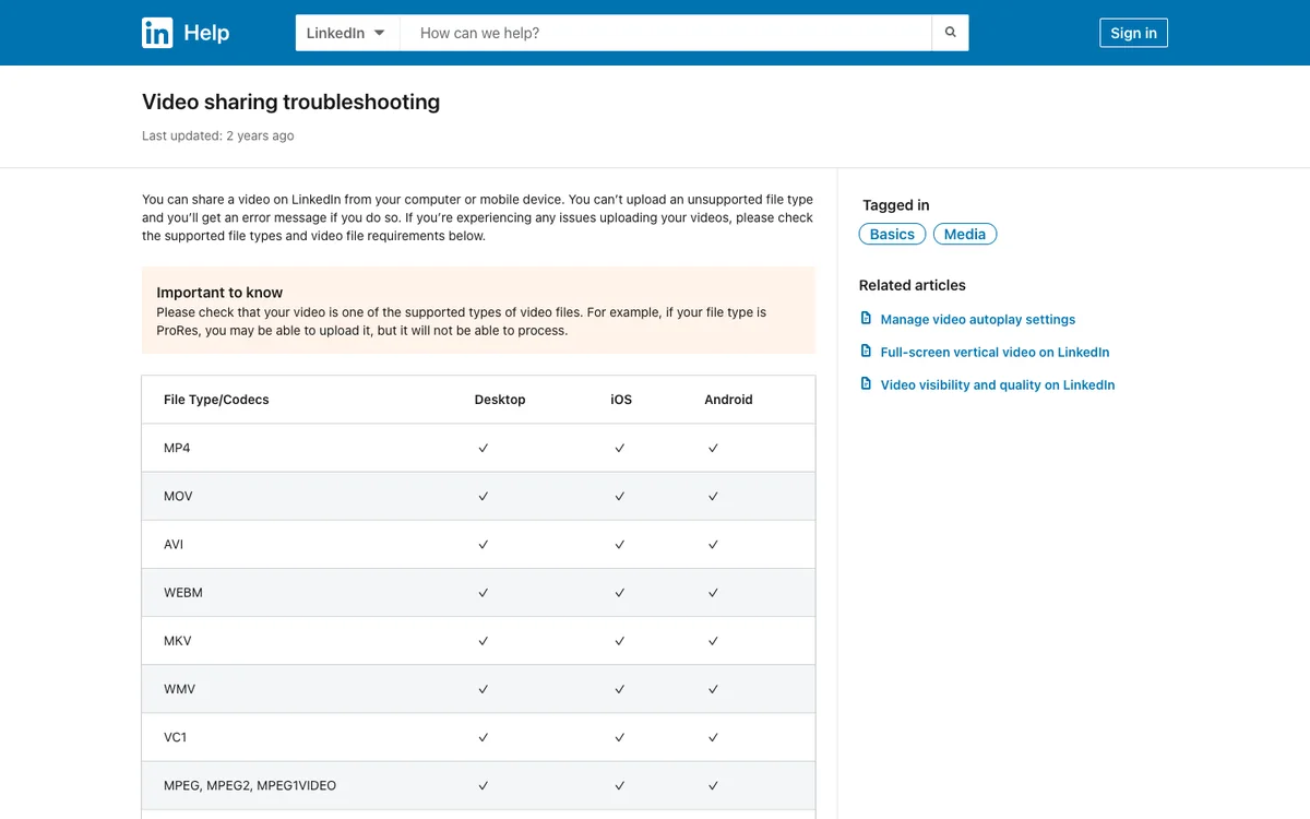 LinkedIn Help: Video sharing troubleshooting, with supported file types