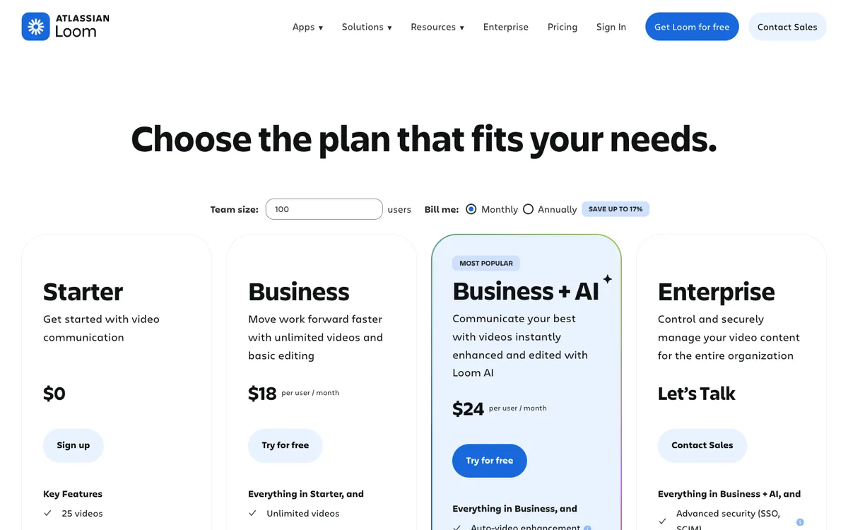 Loom pricing: Starter $0, Business $18 per user per month, Business + AI $24 per user per month, Enterprise by quote