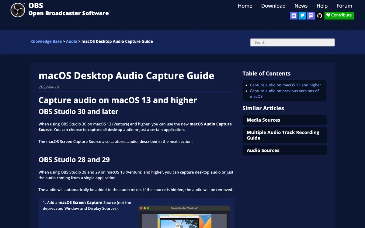 OBS knowledge base article: Capture audio on macOS 13 and higher, OBS Studio 30 and later