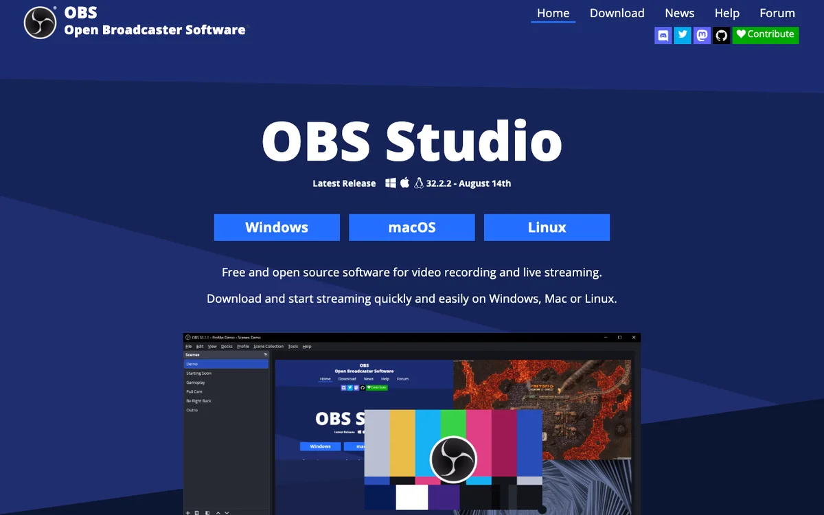 OBS Studio home page: free and open source software for video recording and live streaming