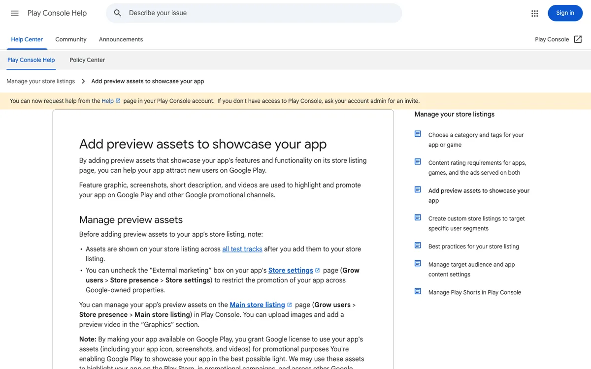 Google Play Console Help: Add preview assets to showcase your app
