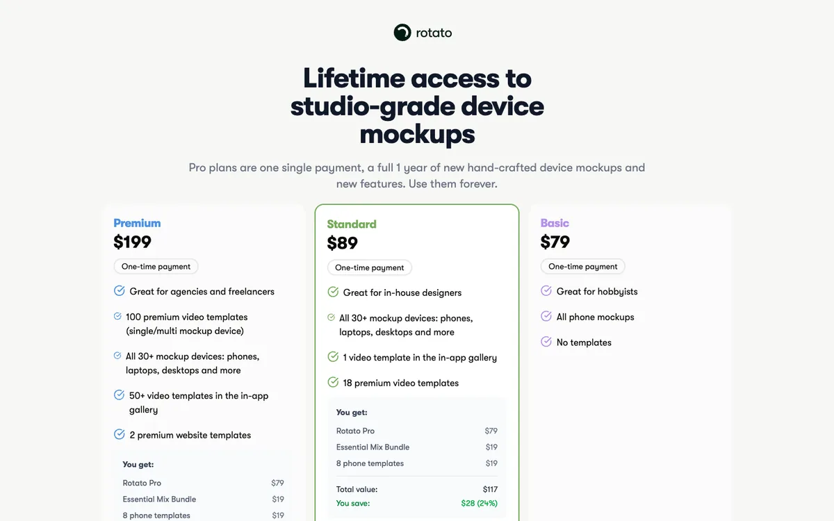 Rotato pricing: one-time payments of $199, $89 and $79