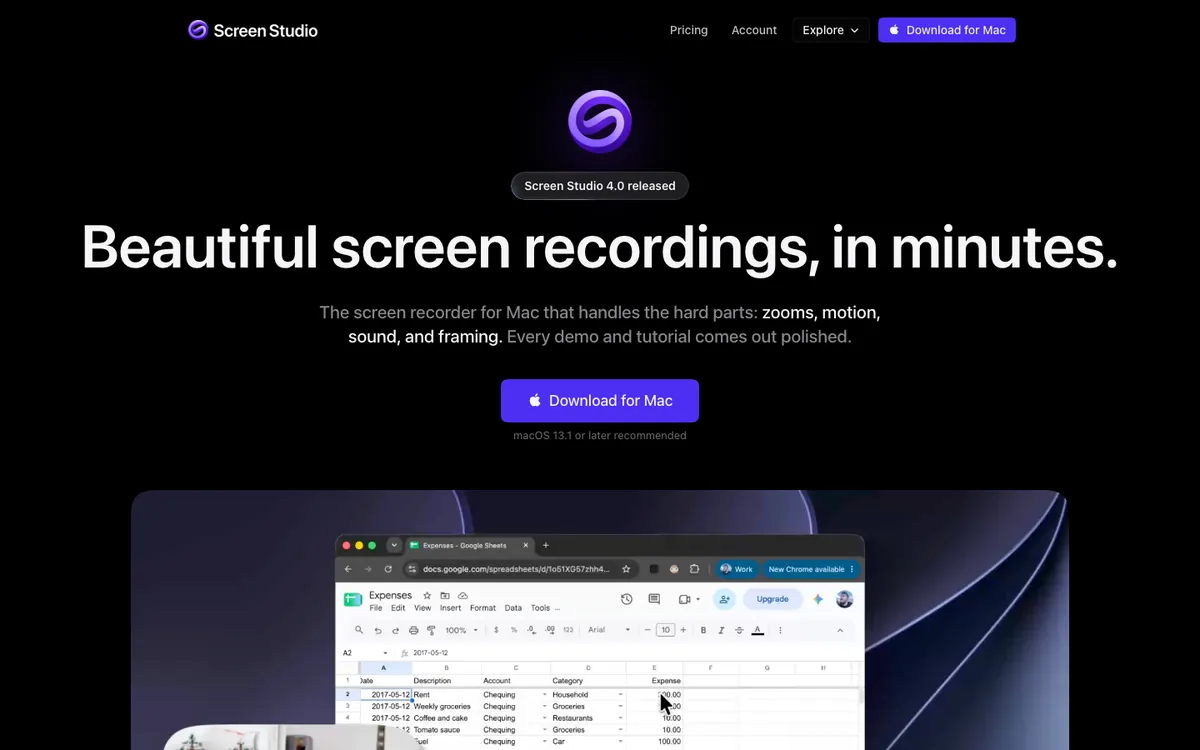 Screen Studio home page: beautiful screen recordings in minutes