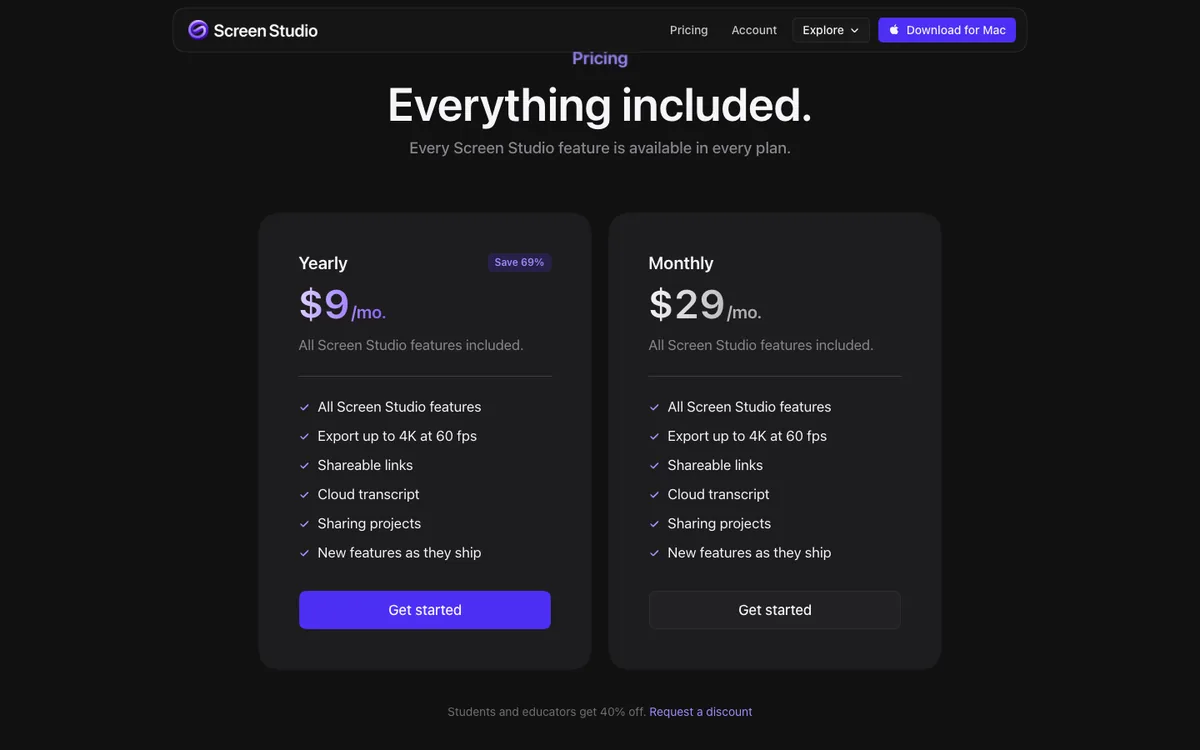 Screen Studio pricing: yearly $9 a month, monthly $29 a month, every feature in every plan