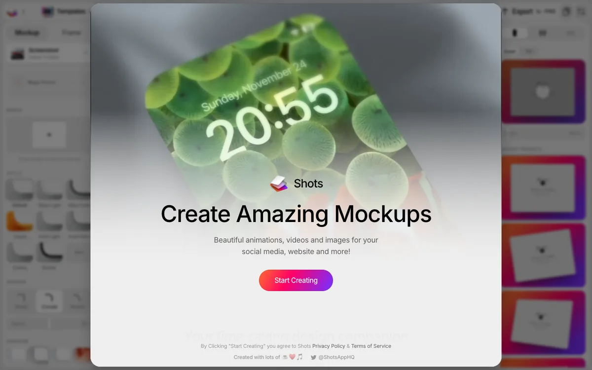 Shots home page: create amazing mockups, with beautiful animations, videos and images