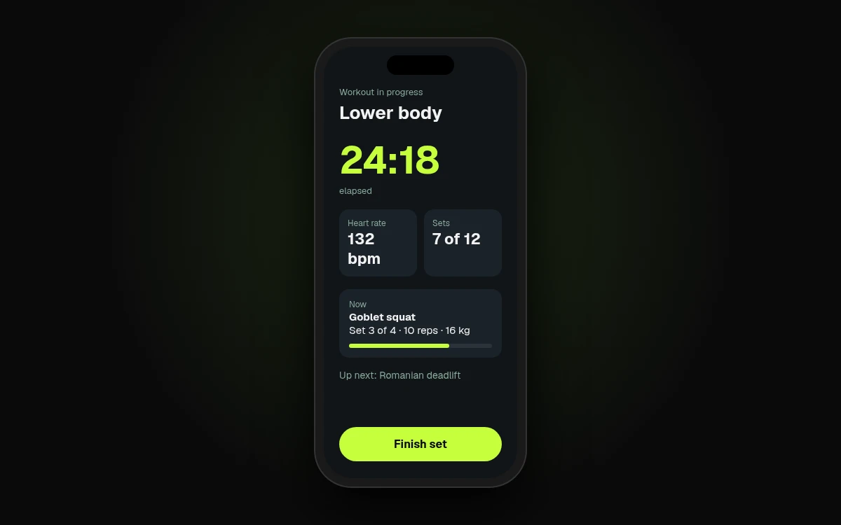 A fitness app screen the 240fps team has the right to show, inside an iPhone frame drawn by 240fps: a lower-body workout in progress at 24:18, heart rate 132 bpm, 7 of 12 sets, goblet squat set 3 of 4, and a Finish set button. Not a named fitness brand. Not affiliated with Apple.